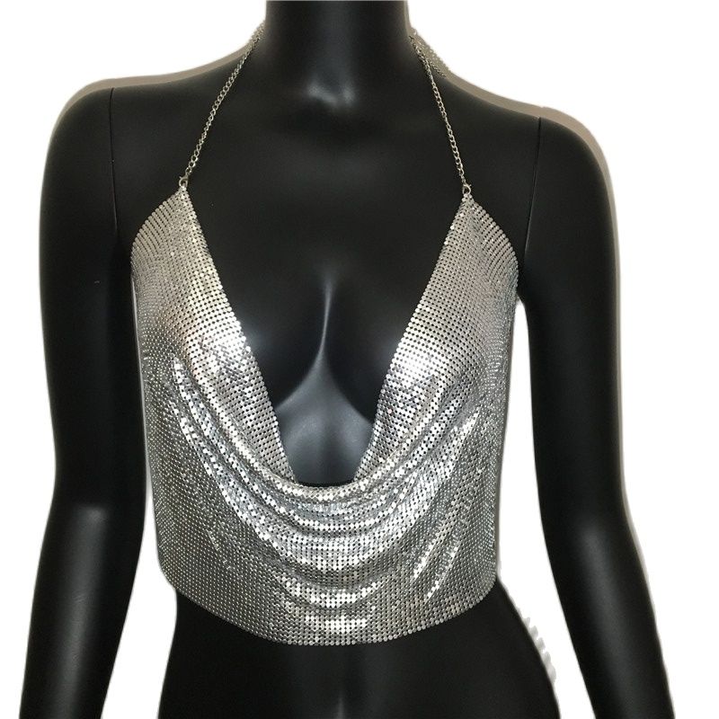 Women 2024 Sexy Metal Sequined Tank Camis Summer Gold Silver Backless Cropped Glitter Beach Club Show Wear Tank Tops