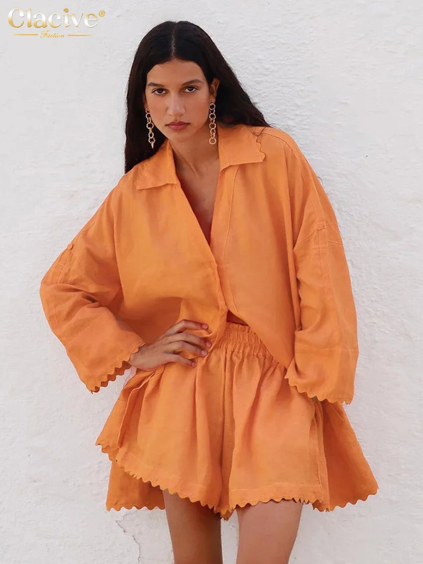 Clacive Casual Loose Orange Cotton 2 Piece Sets Women Outfit Fashion Long Sleeve Shirt With High Waist Ruffle Shorts Set