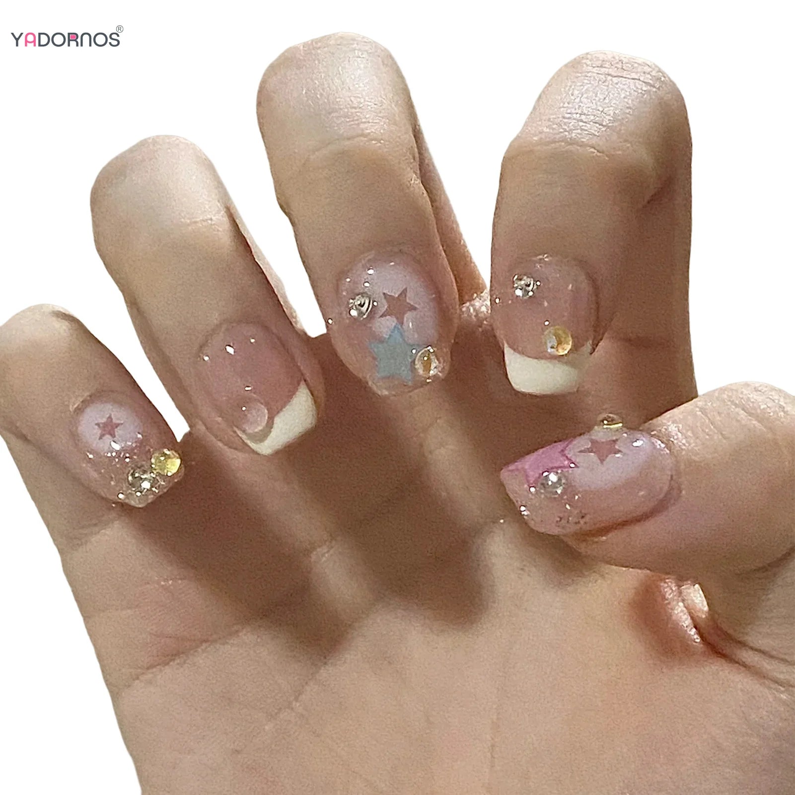 24Pcs Gentle Women White French Fake Nails Nude Color Press On Nail Colorful Star Printed Y2K Girls Charm Manicure Diamond Decor