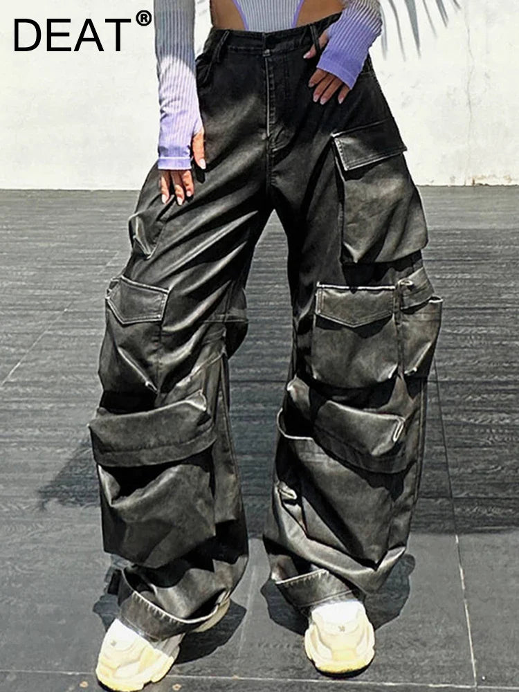 DEAT Multi Pocket Design Vintage PU Leather Pants For Women High Waist Single Button Cargo Trousers Autumn Female 11XX5286