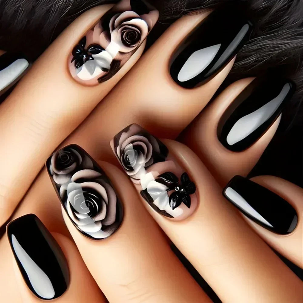 24Pcs Solid Black Short False Nails with Rose Pattern Design Ballerina Square Artificial Full Cover Press on Nail Tips for Girls 1