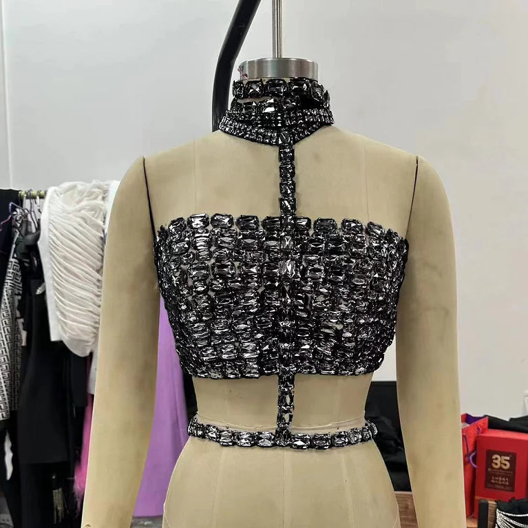 Celebrity Fashion Red Carpet Wear Women Shinning Big Crystal Sexy Halter Tops Nightclub Party TV Show Tops Tank High Quality black