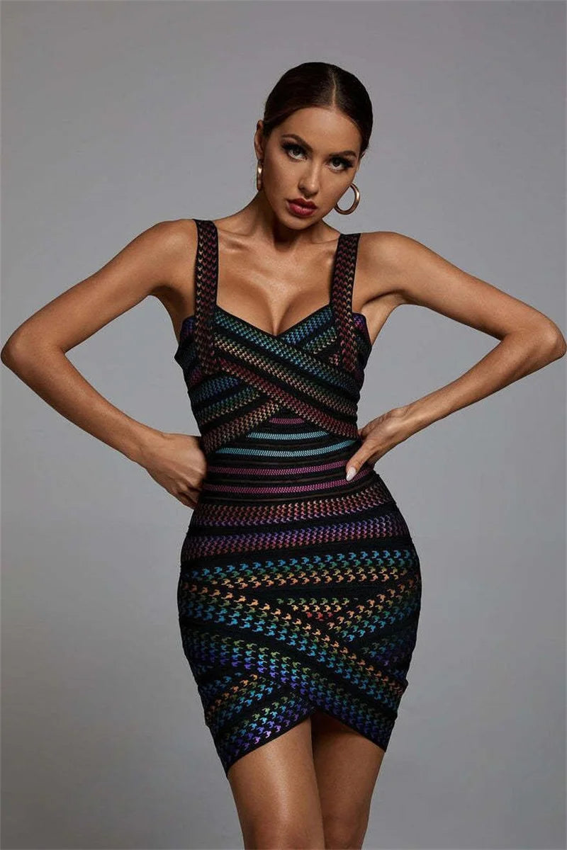 Celebrity Colorful Striped Foiling Print Rayon Bandage Dress Bodycon Evening Party Dress