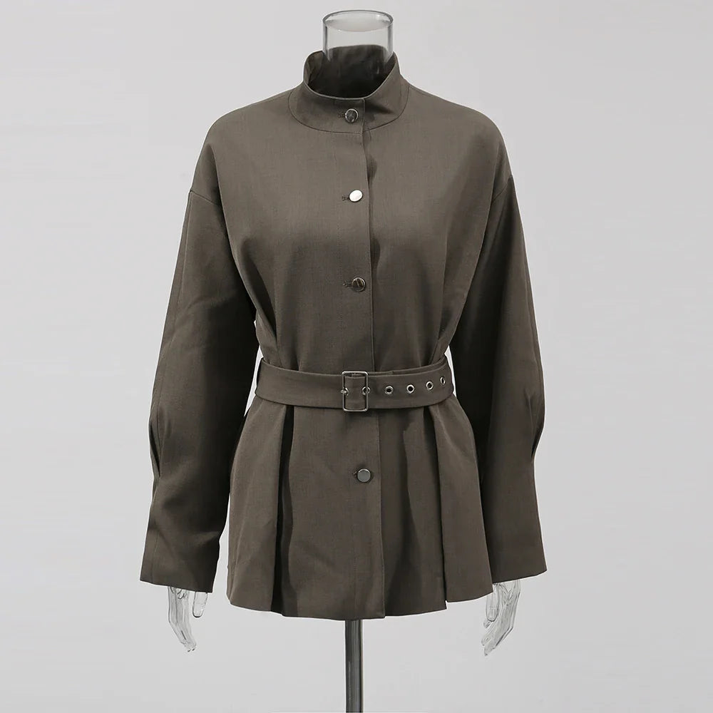 Solid Loose Spliced Single Breasted Fashion Jackets for Women Round Neck Long Sleeves Temperament Jacket Female New KHAKI