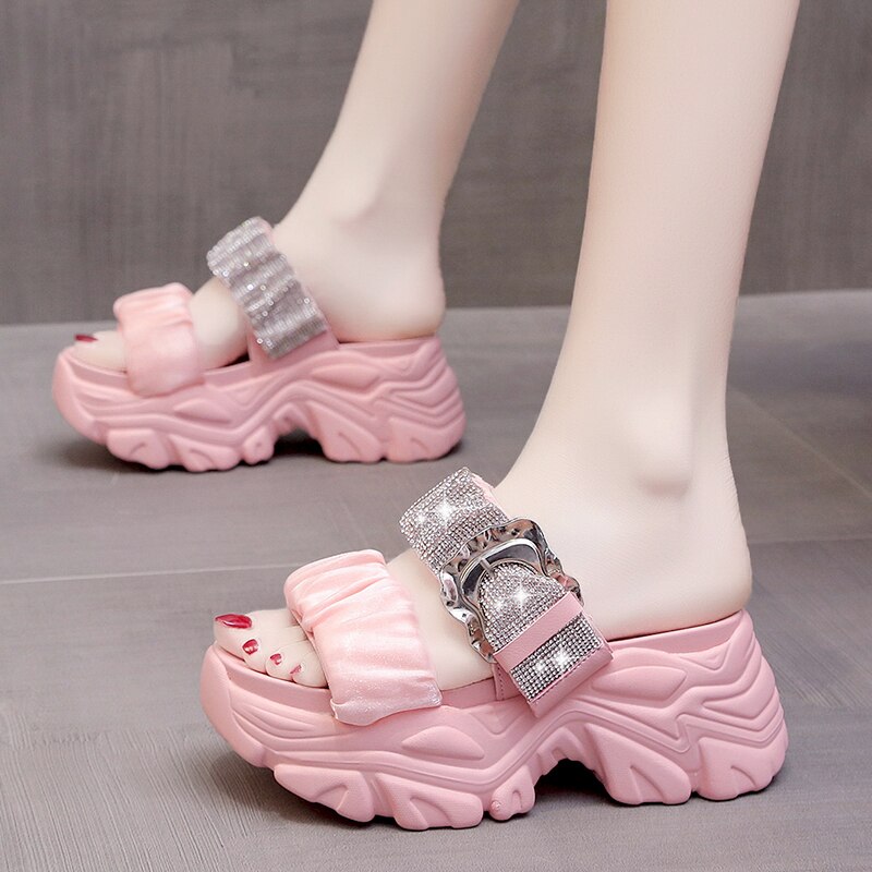Thick-soled Slippers Women's Summer New Outerwear Fashion Rhinestone Inner Heightening Slimming Slope Heel Sandals and Slippers