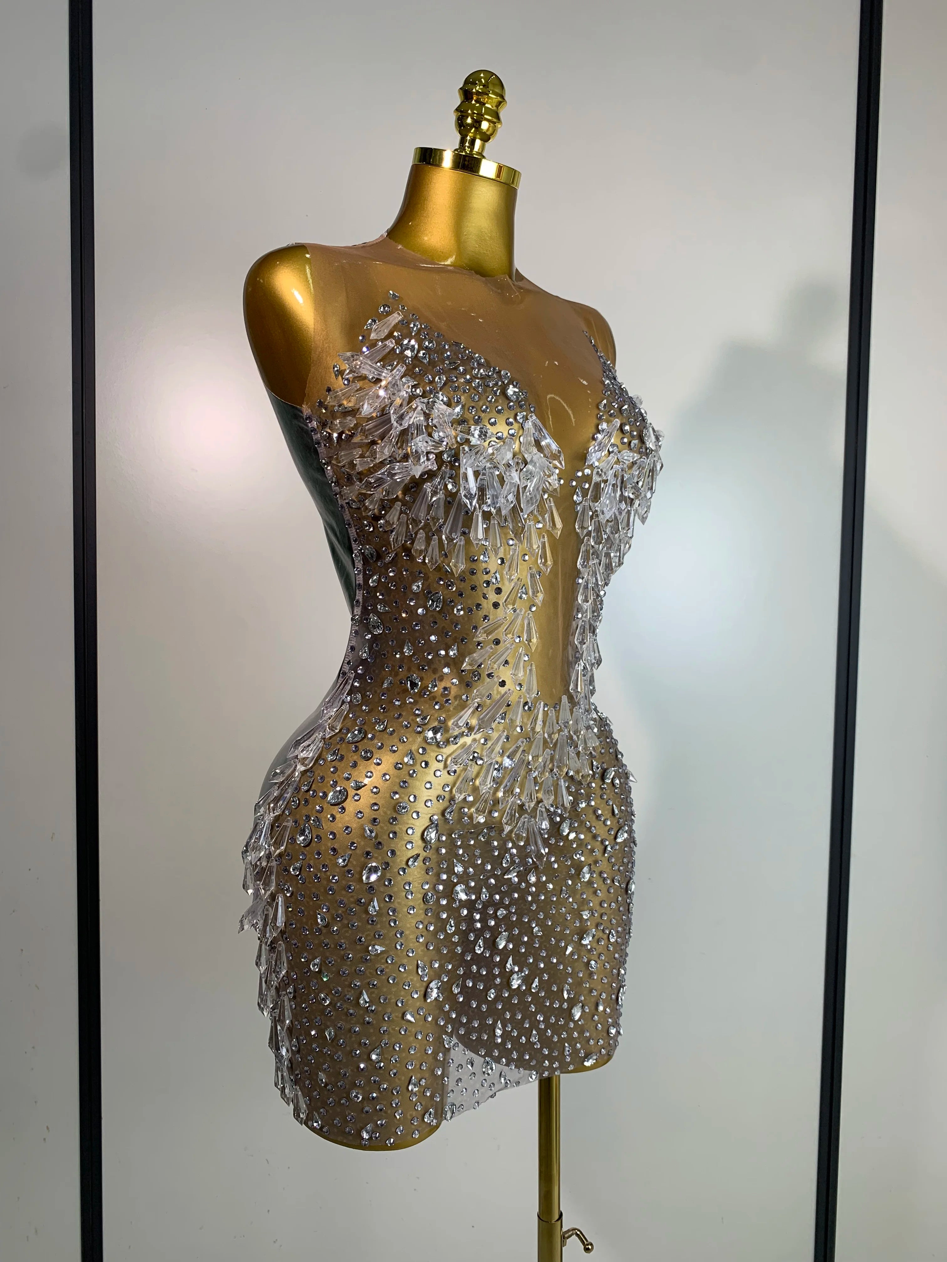 Stock Women Luxury Sexy Mesh Crystal Diamonds Mini Dress Birthday Party Costume Bar Nightclub Stage Performance Singer Outfit