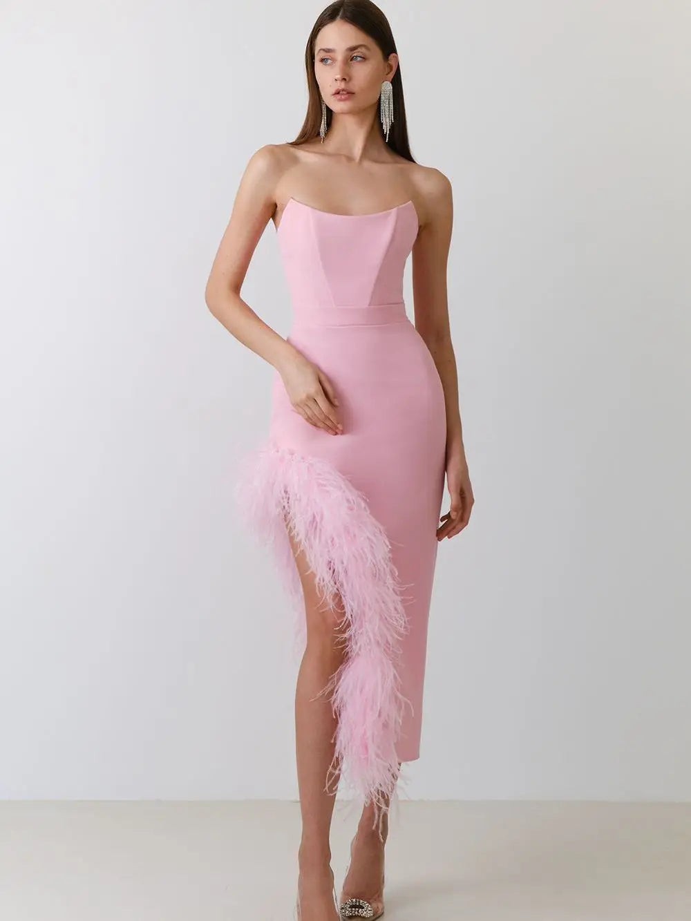 Women Spring Sexy Strapless Backless Black White Pink Feather Midi Bandage Dress 2023 Knitted Elegant Evening Club Party Dress Pink