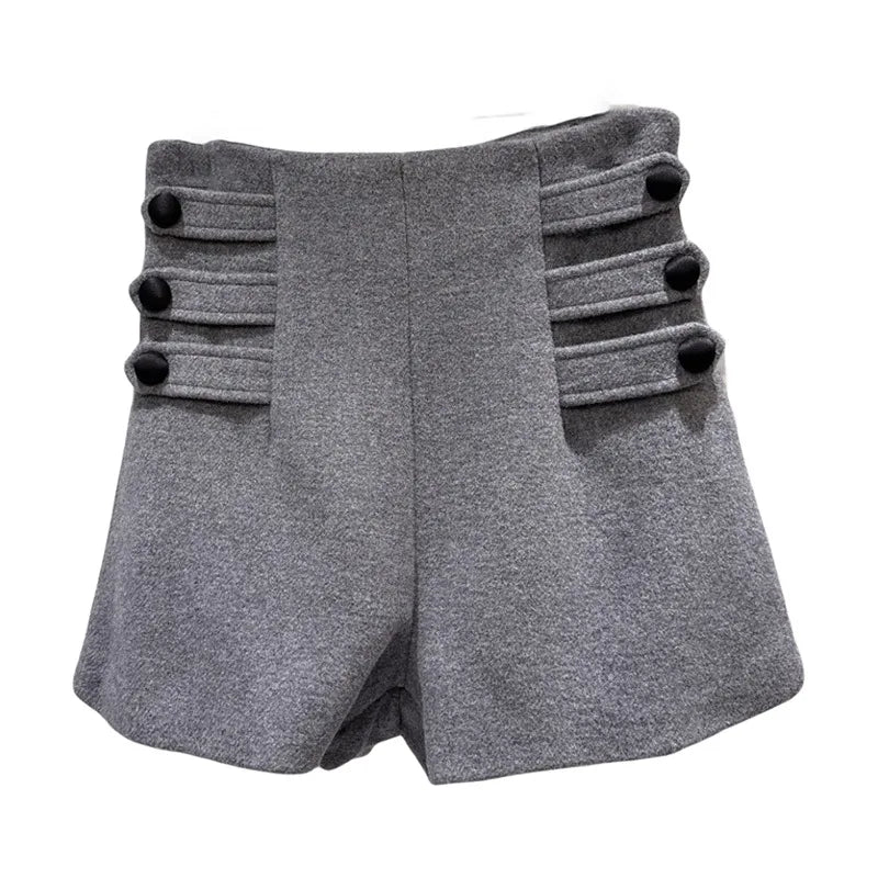 Winter New Fashion Ribbed Button Gray Woolen High Waist Shorts For Women Versatile Boot Short Pants Female 11A07667