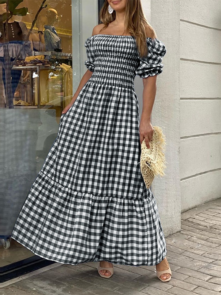 VONDA Summer Long Maxi Dress Women 2024 Casual Short Sleeve Square Collar Vintage Plaid Party Bohemian Vestidos Loose Sundress