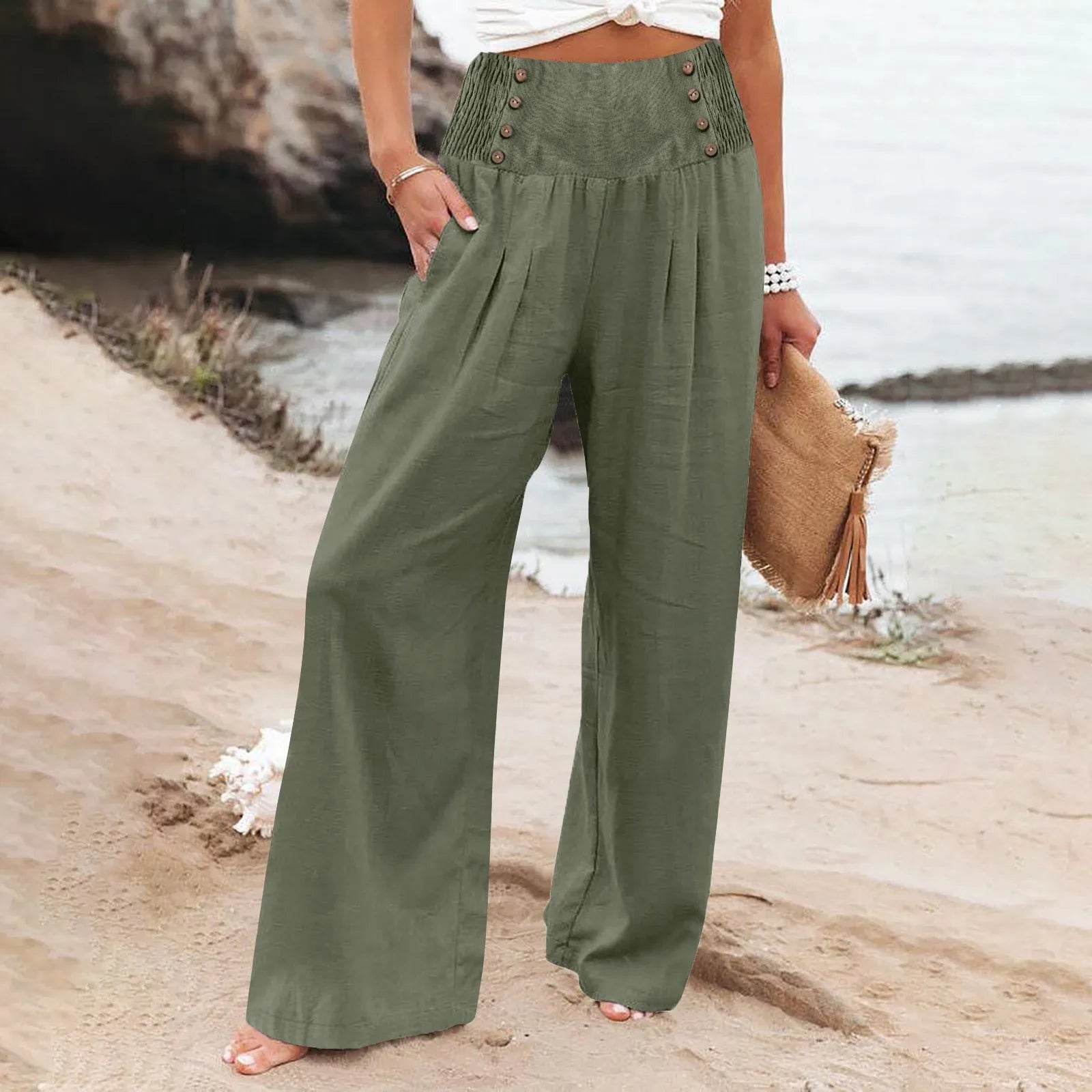 Summer Cotton Linen Wide Leg Pants Women Loose Palazzo Pant Pocket Elastic Waist Button Casual Pants Army Green