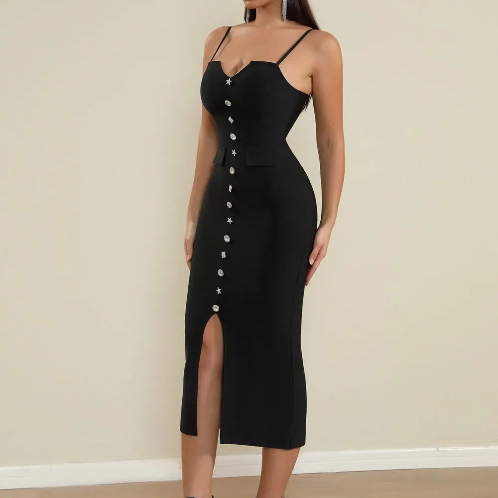 2025 Sexy Women'S Bandage Dress Spaghetti Strap Sleeveless Rhinestone Button Design Bodycon Backless Split Midi Dresses Vestidos