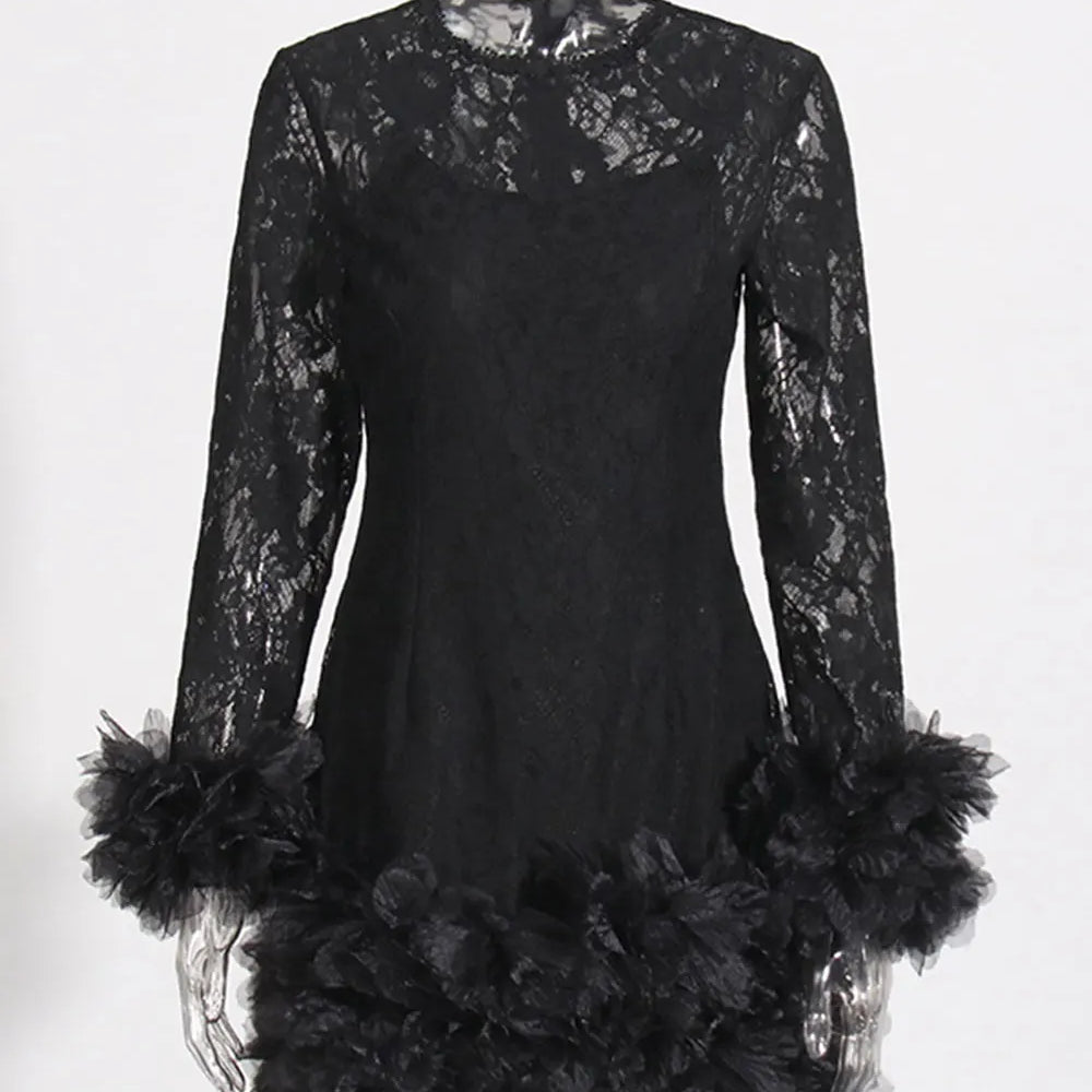 2024 Sexy Women's Black Lace Mini Dresses O-neck Long Sleeve Bodycon Stacked Mesh Design Dress Cocktail Evening Party Vestidos black