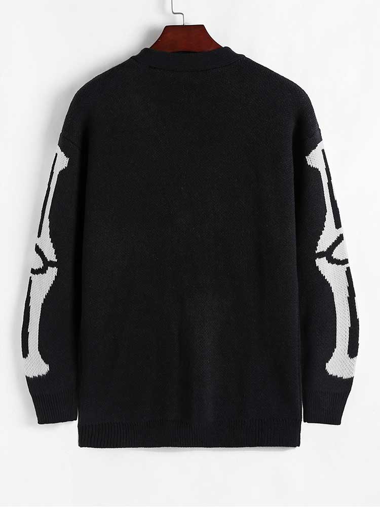 ZAFUL Men's Sweater Cardigan for Halloween Skeleton Pattern Button Fly Cardigans Autumn Winter V-Neck Long Sleeves Sweater Coats