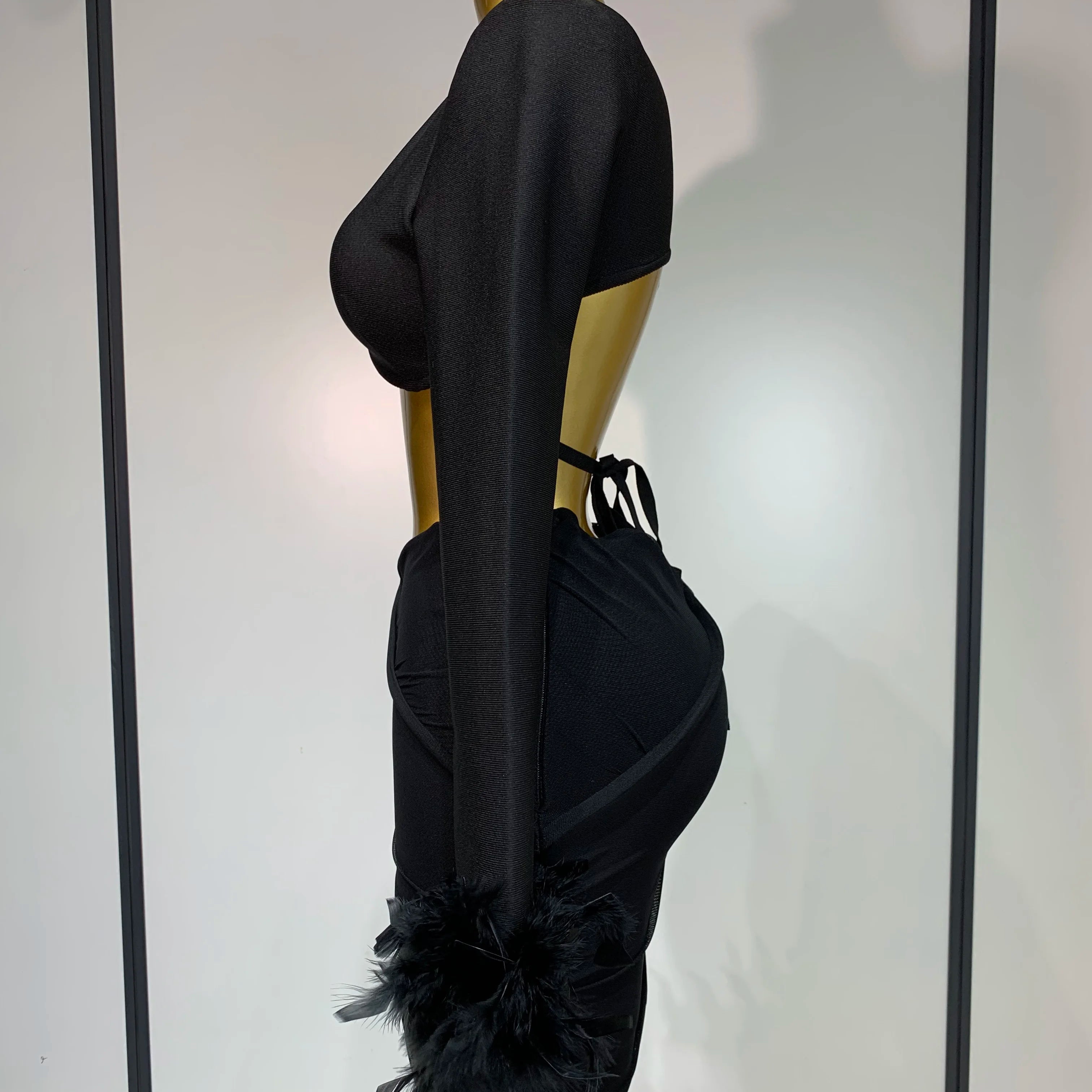 Luxury Birthday Dress Women Sexy Long Sleeve Feather Black Mesh Mini Bodycon Bandage Dress Elegant Evening Club Party Dress 