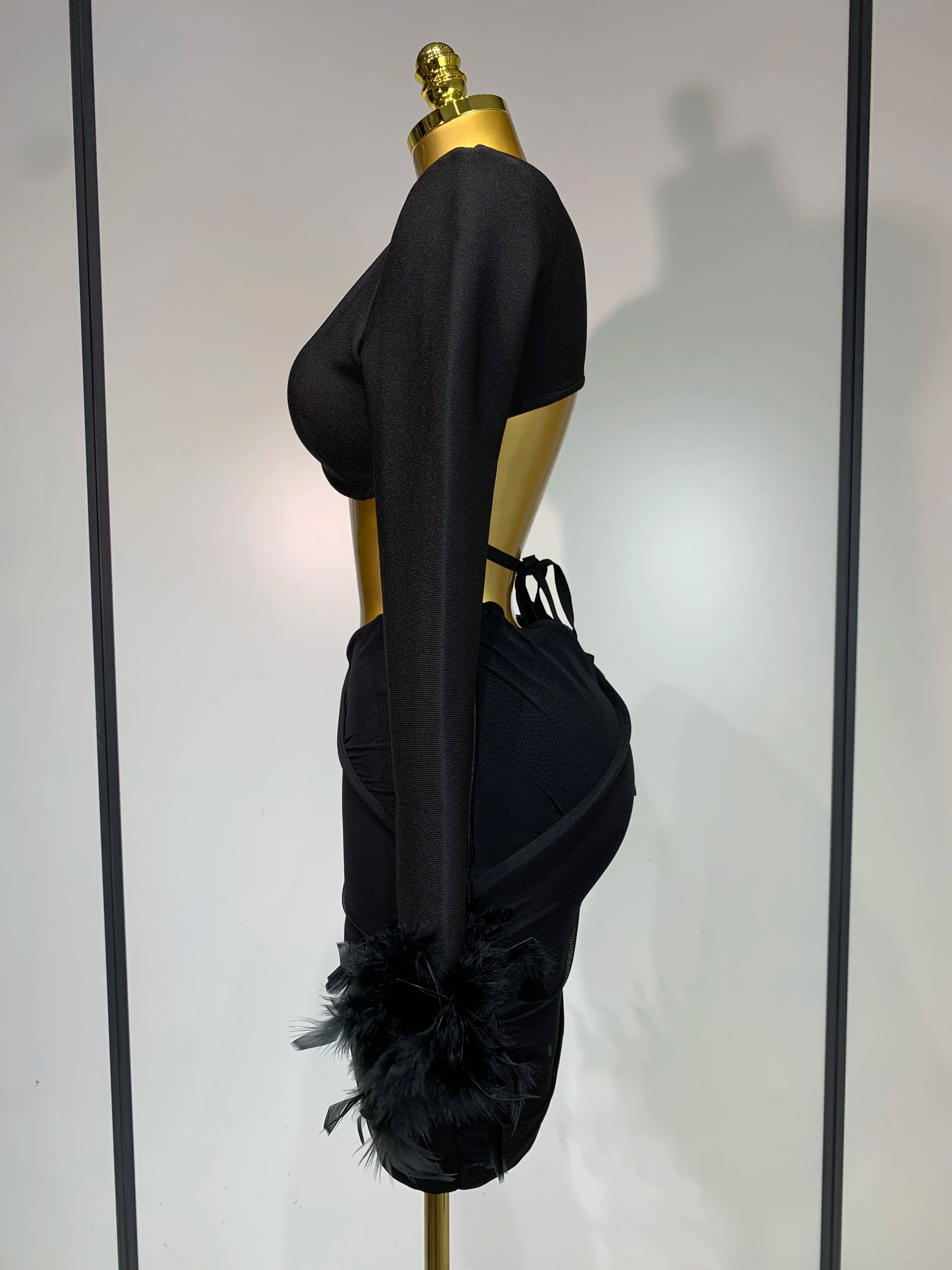 Luxury Birthday Dress Women Sexy Long Sleeve Feather Black Mesh Mini Bodycon Bandage Dress Elegant Evening Club Party Dress 