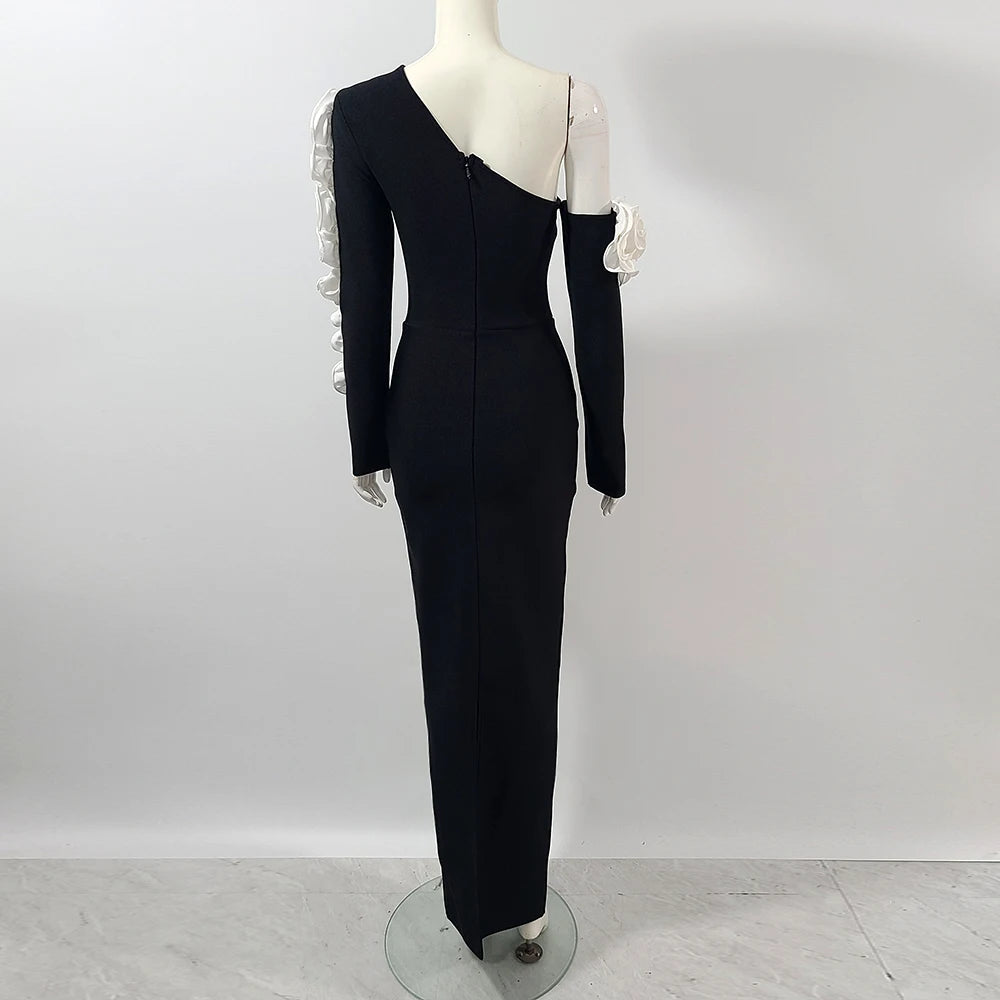 Women Long Sleeve Sexy Off the Shoulder Bodycon Long Bandage Dress White Florals Elegant Evening Party Outfit