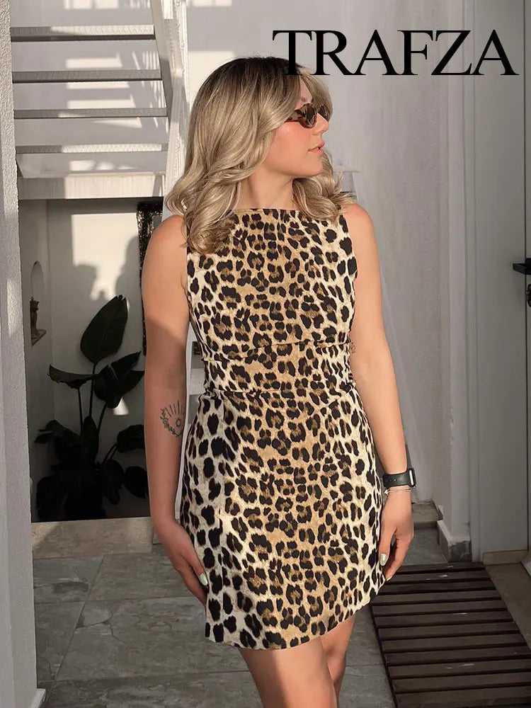 TRAFZA Summer Chic Leopard Print Sexy Women's Mini Dress Retro Round Neck Sleeveless Zipper Decoration Women's Party Dress Y2K