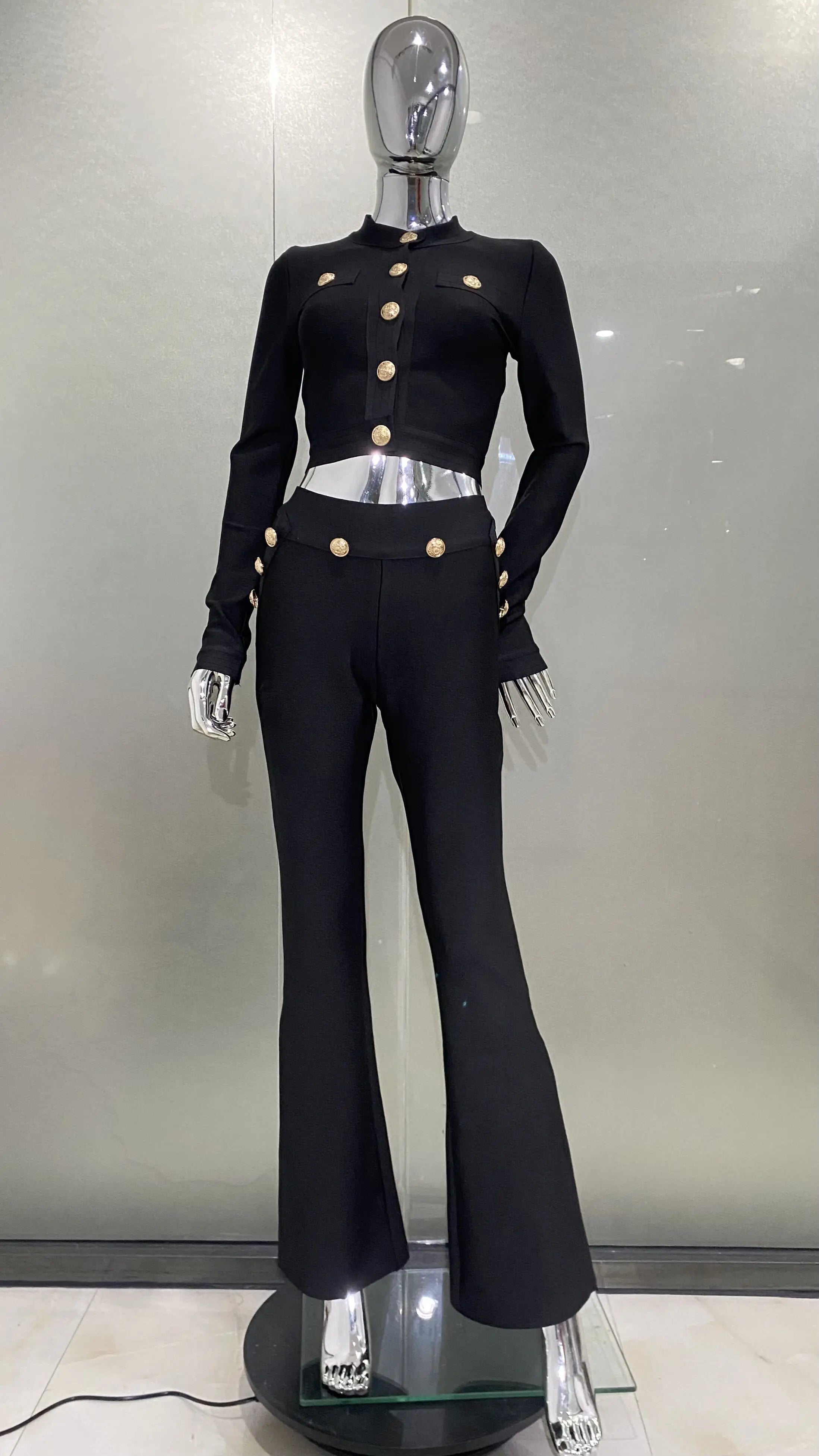 Bandage Expose Waist Woman Set Fashion Golden Buttons Short Coat Top And Flare Pants 2 Pieces High Street Wear black