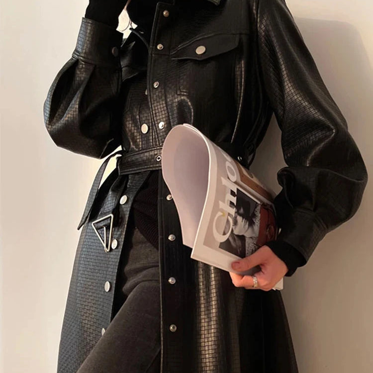 Lautaro-Women's Black Leather Shirt Jacket, Long Sleeve, Belt Pockets, Single Breasted, Loose, Casual, Luxury, Korean Fashion