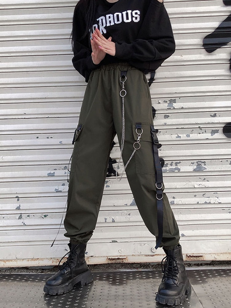 Pantalon Cargo sarouel pour femmes, mode Punk, poches, survêtement avec chaîne, Harajuku, élastique, taille haute, Streetwear