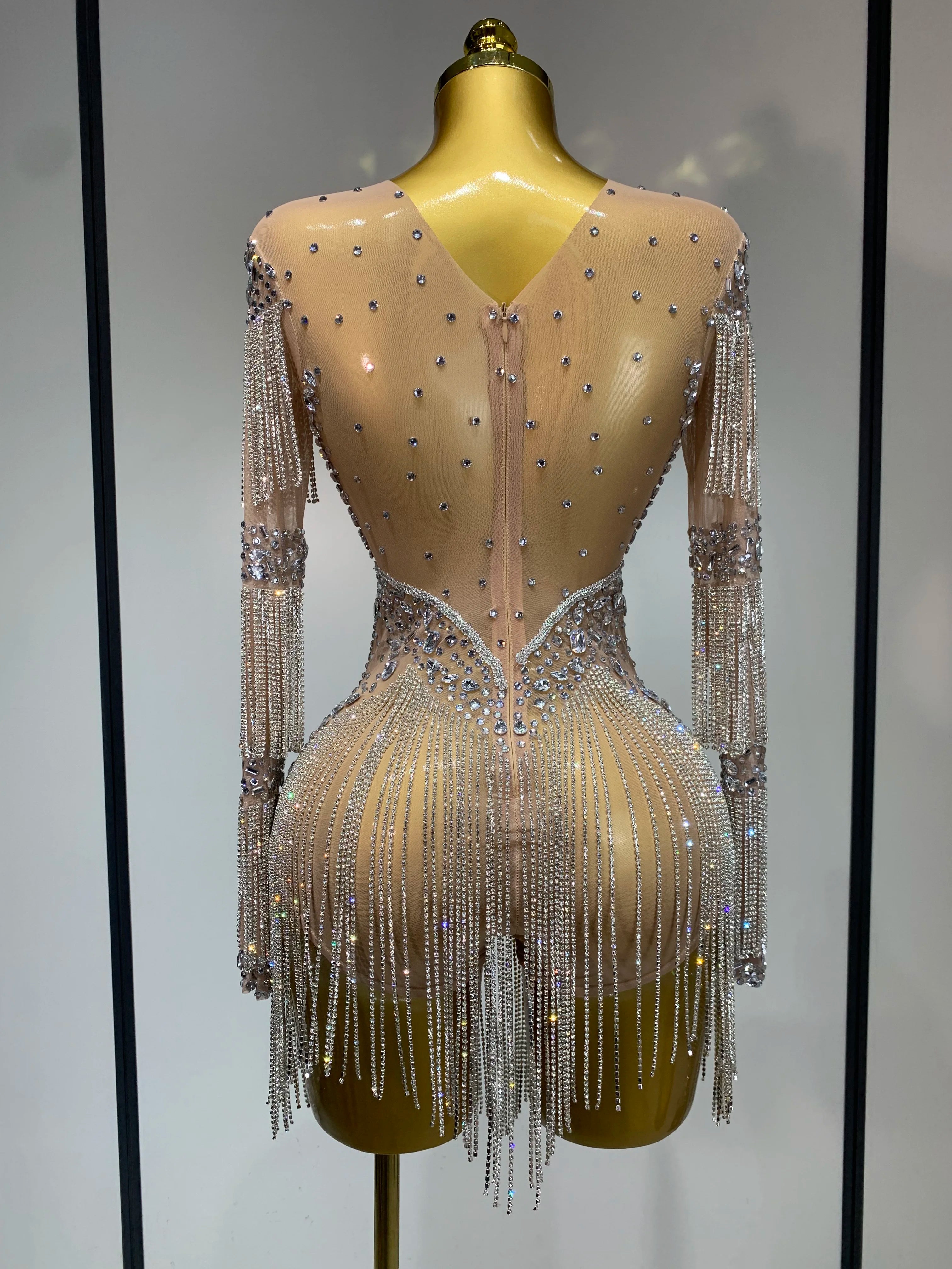 Women Sexy Mesh See Through Performance Dance Nightclub Rompers Singer Stage Outfit Sparkly Rhinestone Bodysuit Birthday Wear