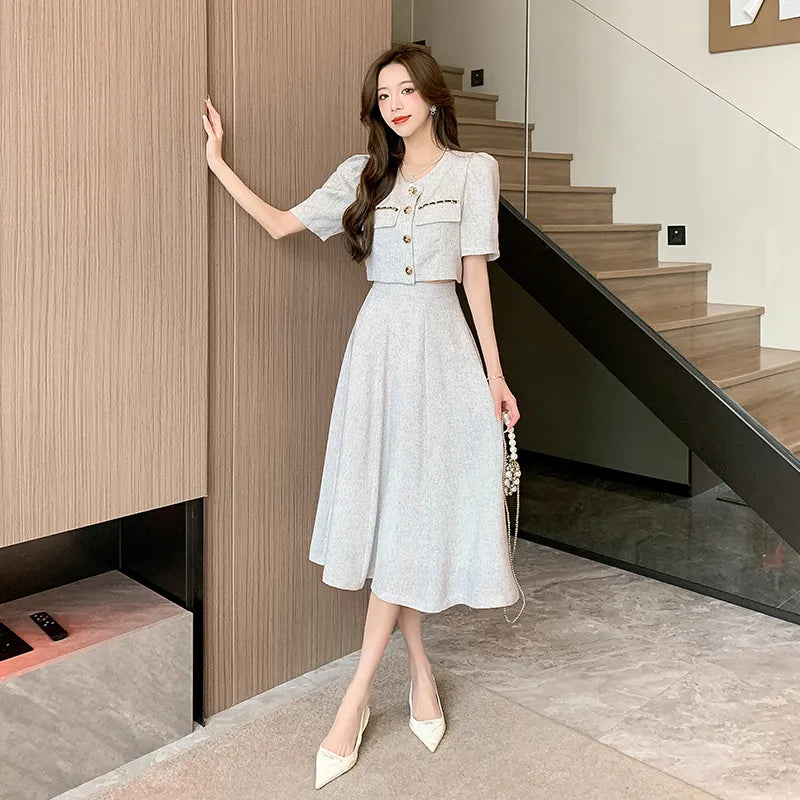 小さな香りの新しい夏のファッション韓国の甘いエレガントな 2 点セット女性コートトップ + ミディスカートスーツレディース 2 ピースセット