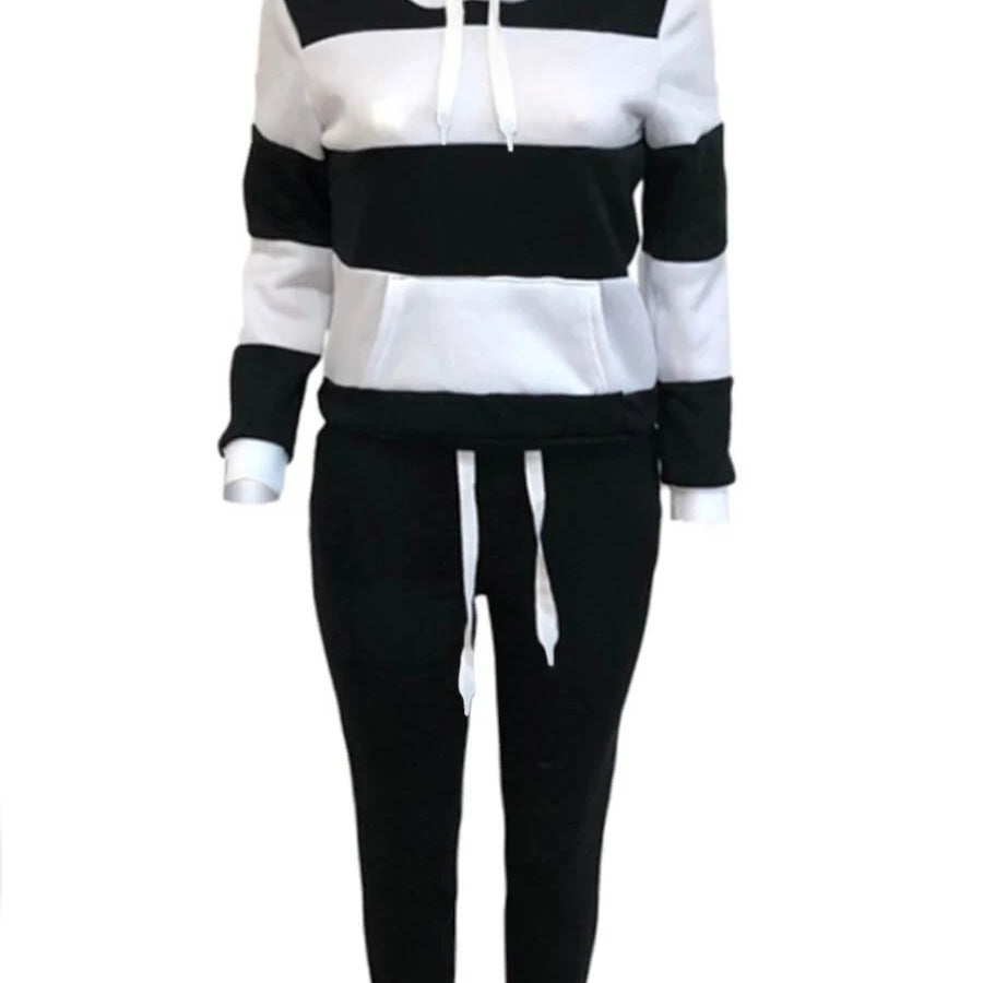 LW Plus Size Sporty Hooded Collar Striped Tracksuit Set Black White Patchwork Kangaroo Pocket Design Tracksuit Sportswear Set