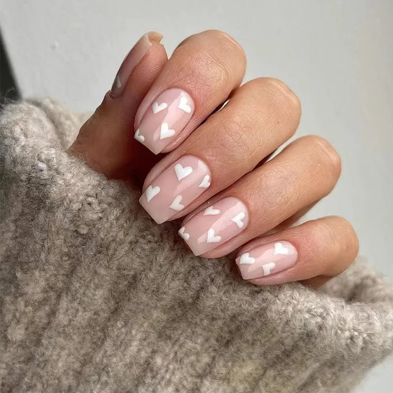 24Pcs Short Square Press on Fake Nails Simple Gradient White Nude Pink False Nails Wearable French Full Cover Nail Art Tips 2251
