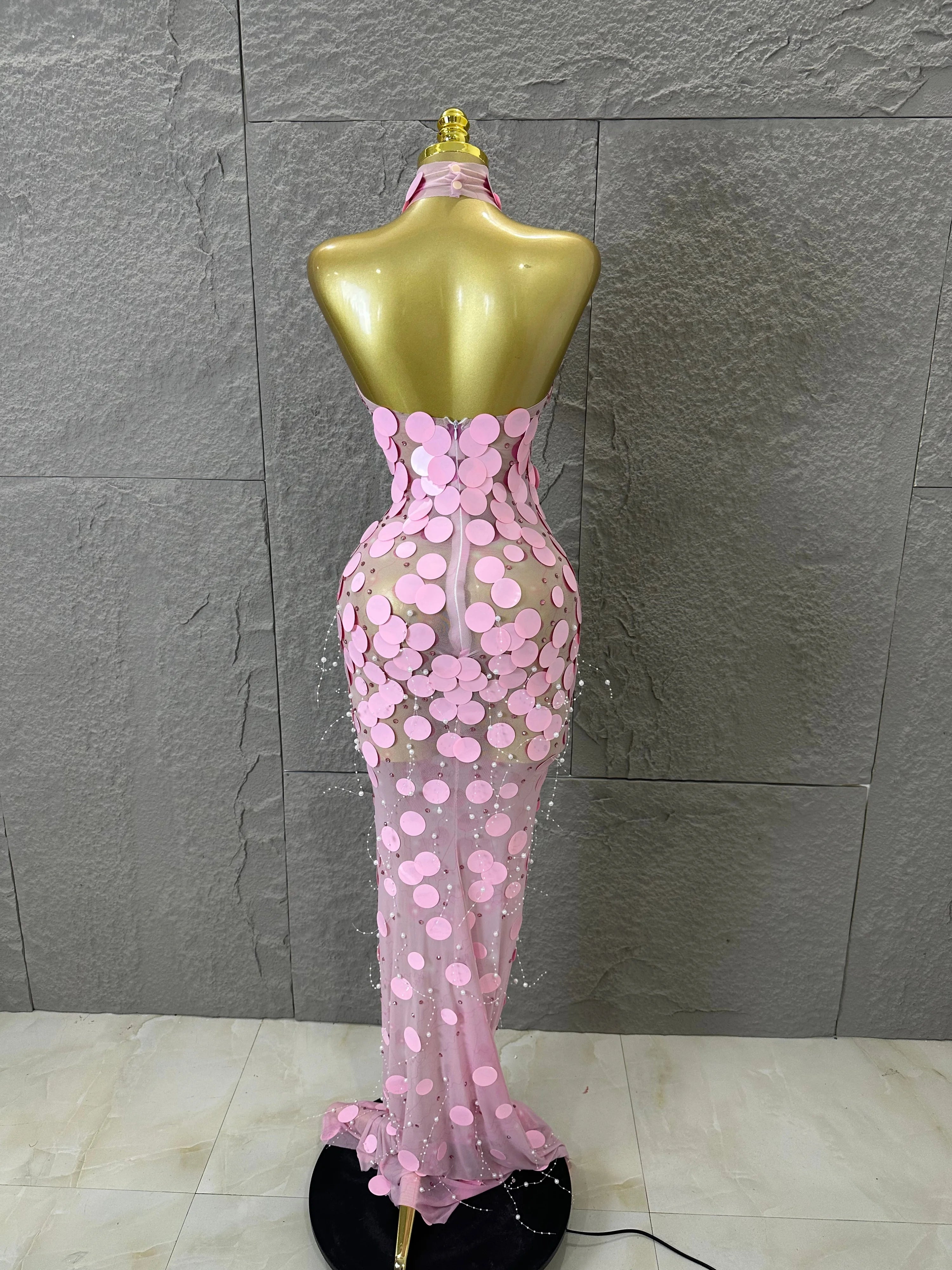 Sexy Pink Halter Neck Slim-fit Maxi Dress Women Pink Disc Pearl Mermaid Outfit Wedding Guest Evening Party Nightclub Costume