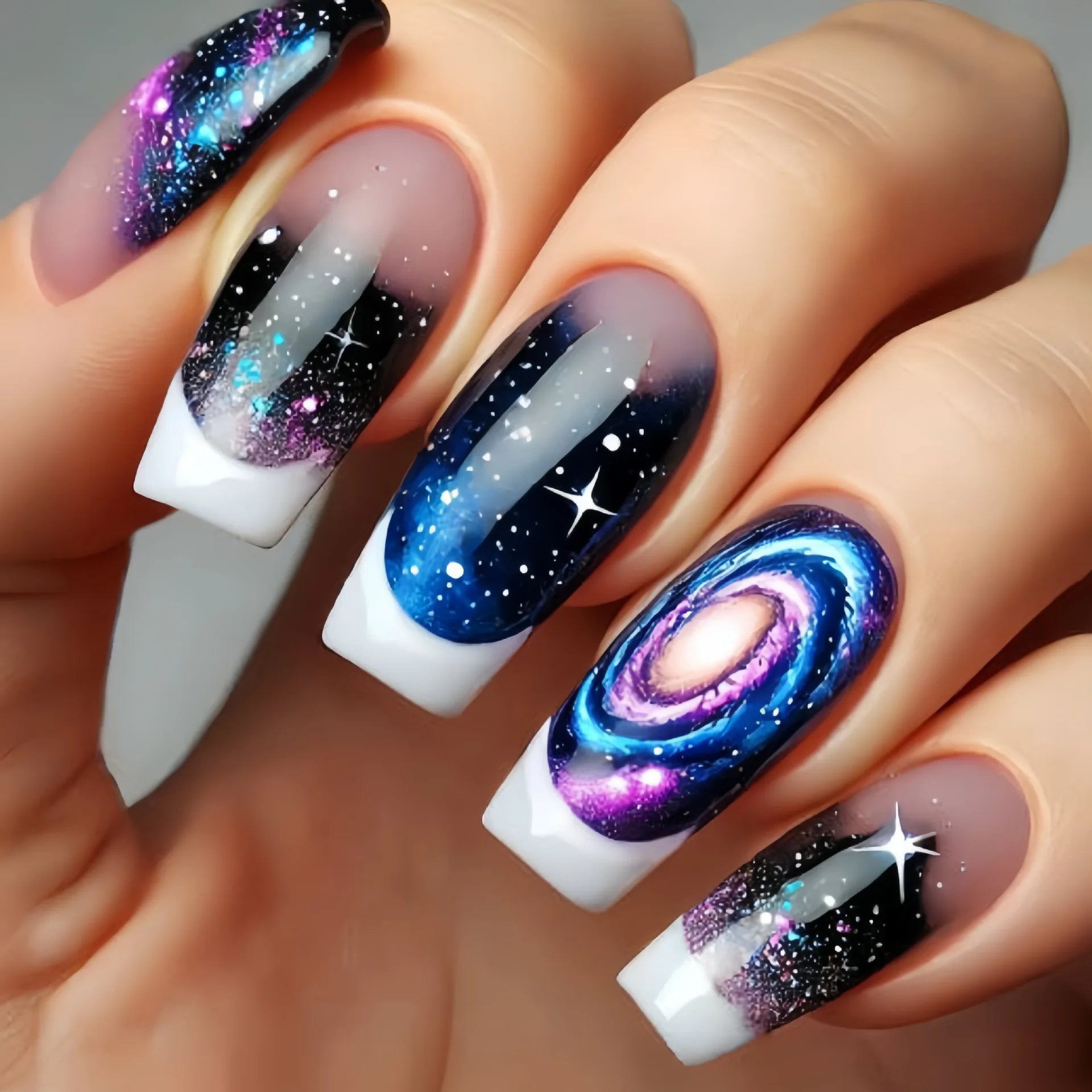 24Pcs Long Blue Fake Nails with Jelly Glue Full Cover Ocean Sunrise Press on Nails Detachable Acrylic Fashion Finished Manicure 2