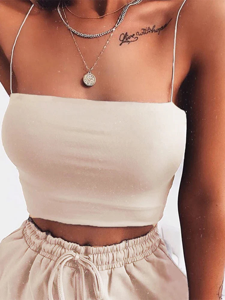 New Fashion Women Spaghetti Strap Crop Top Sexy Bodycon Sleeveless Cami Tube Top Basic Plain Camisole Beige
