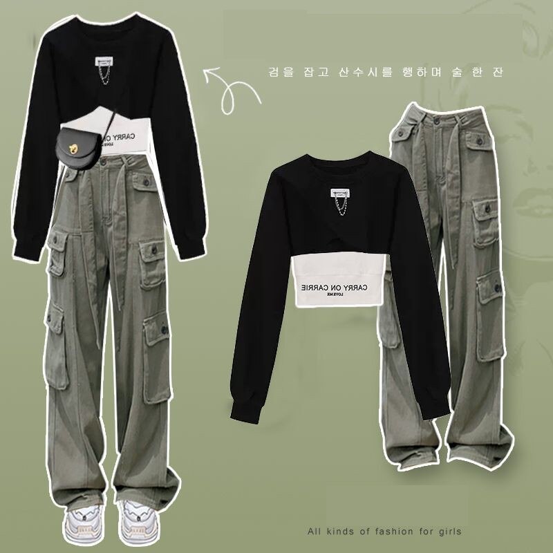 Women's Autumn Winter Suit Korean Elegant Loose Short Sweater Vest Cargo Pants 3 Piece 2024 New Casual Sportswear Matching Set Black Set