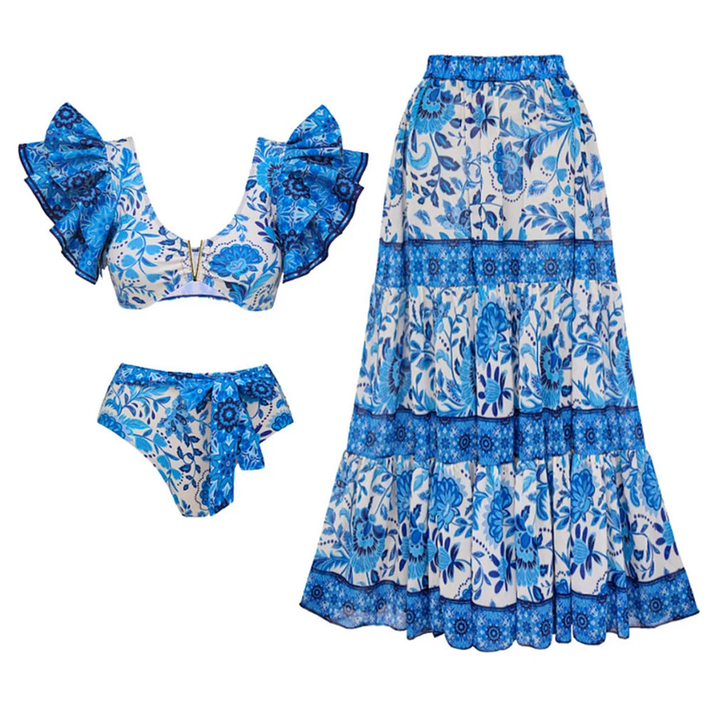 Sexy One Piece Swimsuit Push Up Swimwear Women Ruffle Monokini Cover Up Shoulder Swimsuit Bodysuit Bathing Suit Skirt SET 5