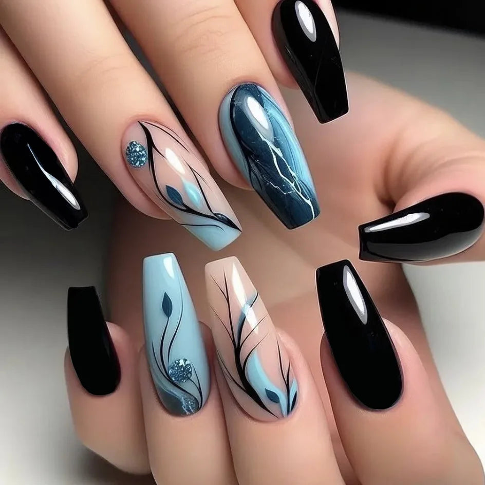 24pcs/set Meduim long fake nails for women peach flowers heart for Spring summer Square faux ongles press on false nail art tips 1600