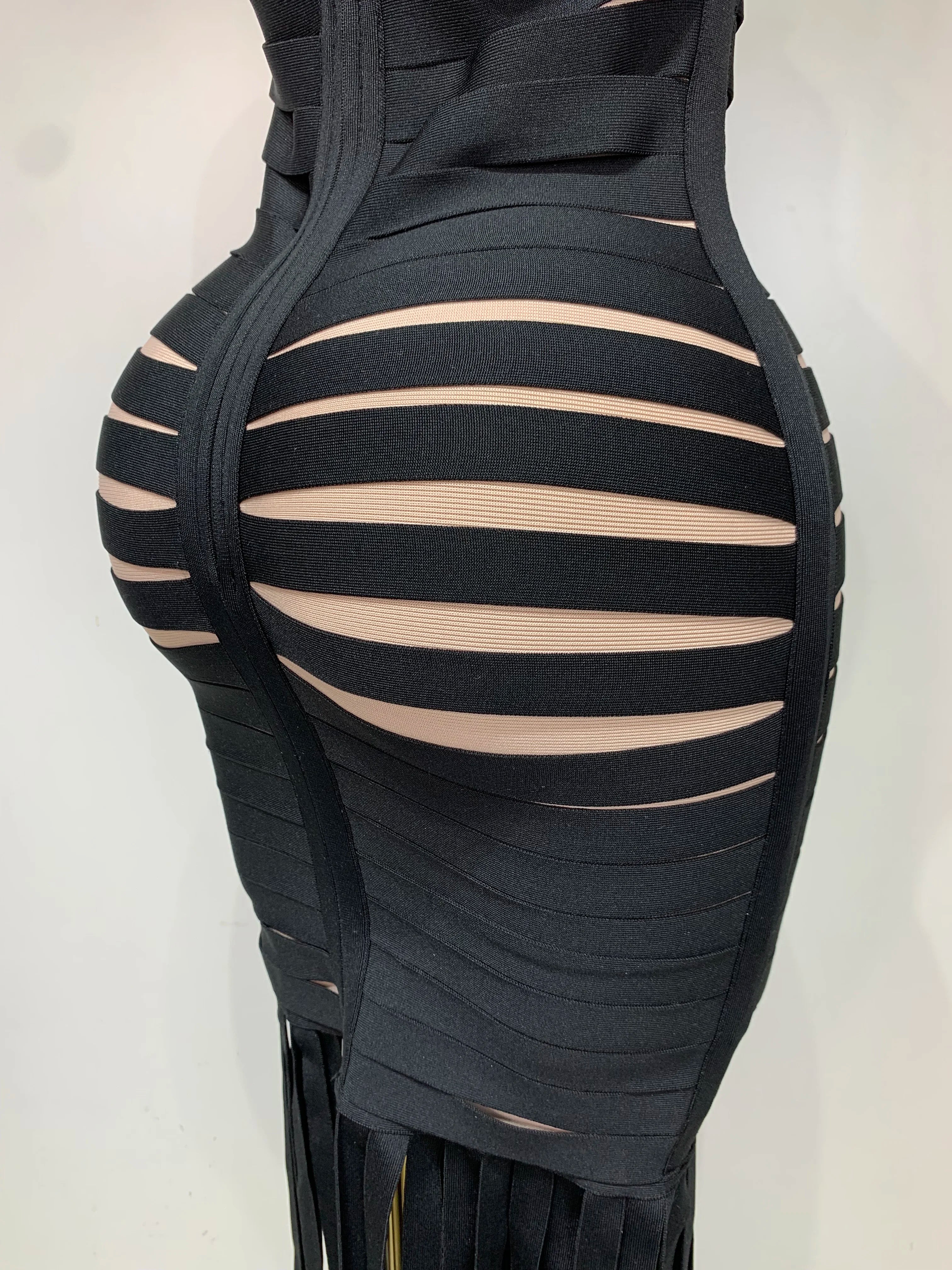Women Sexy Sleeveless Square Collar Black Tassel Long Bandange Dresses Elegant Evening Party Birthday Gown Design Club Dress