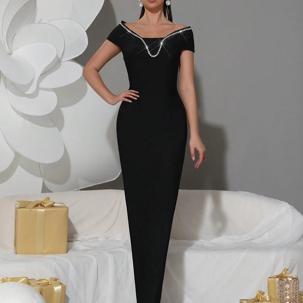 2025 New Sexy Off Shoulder Diamond Tight Bandage Maxi Long Dress Women's Short Sleeve Elegant Celebrity Evening Party Gowns