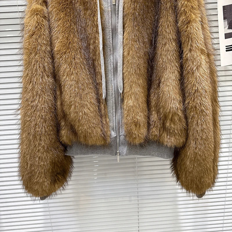 Winter New Trendy Fashion Furry Patchwork Design Sweatshirt For Women Loose Hooded Short Jacket Female 11A07771