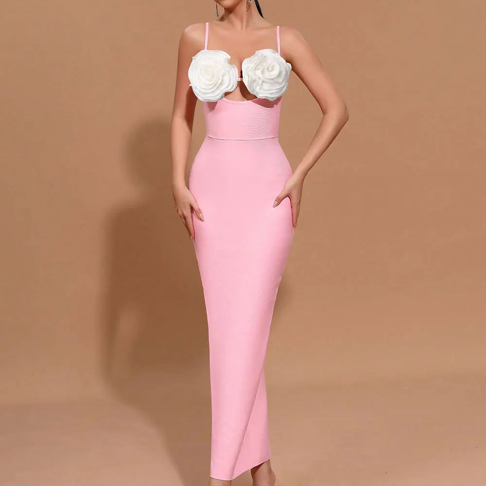 2024 Sexy Women'S Light Luxury Flower Design Bandage Dress Spaghetti Strap Sleeveless Bodycon Backless Long Dresses Vestidos Pink