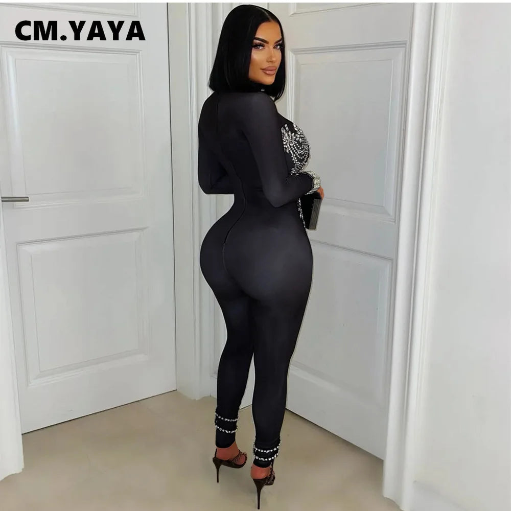 Full Sleeve Women Turtleneck Jumpsuits Diamonds Hot Rhinestones Rompers One Piece Sexy Pencil Night Club Party Outfits