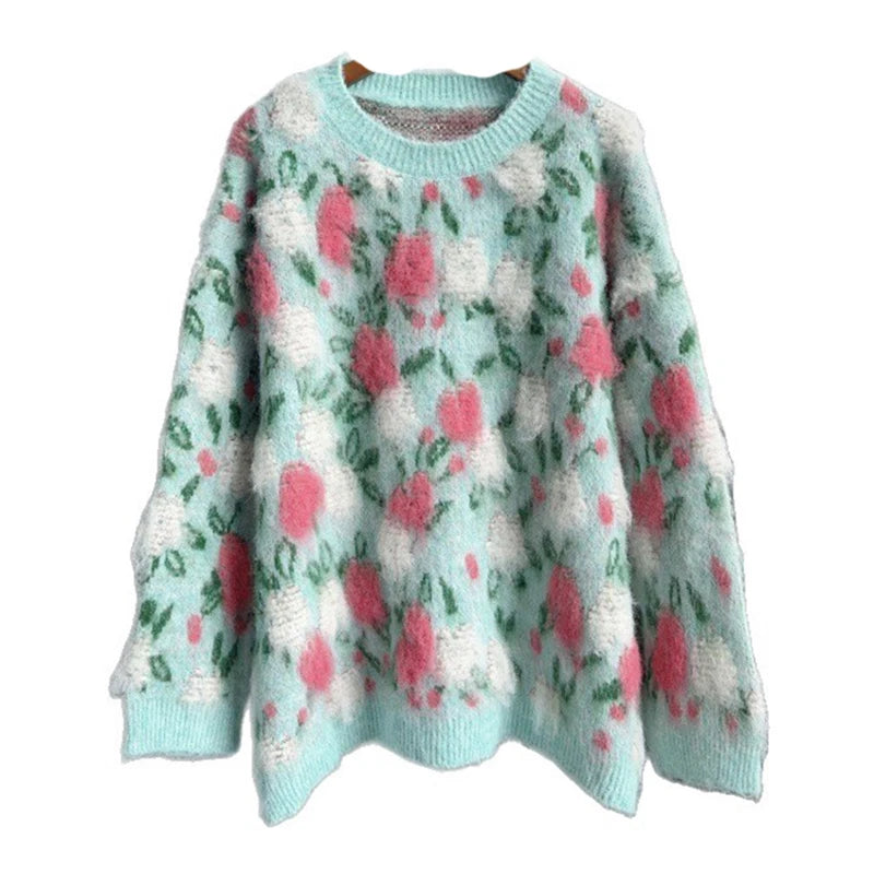 Autumn Winter New Fashion Heavy Industry 3D Pink Flower Pullover Sweater For Women Loose Lazy Style Knitted 11A07837