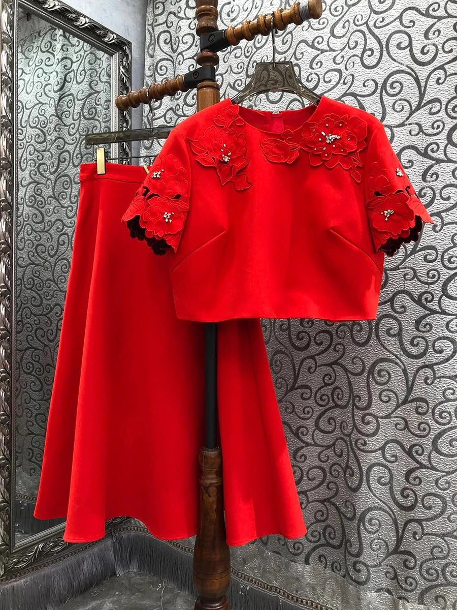Solid Fashion Two Piece Sets for Women Round Neck Short Sleeves Patcwork Applique Top High Waist Skirt Set Female