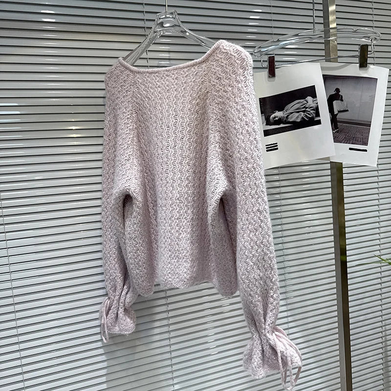 Winter New Fashion Beaded Embroidery Drawstring Sleeve Knitted Sweater For Women Loose Plush Spliced Tops 11A07605