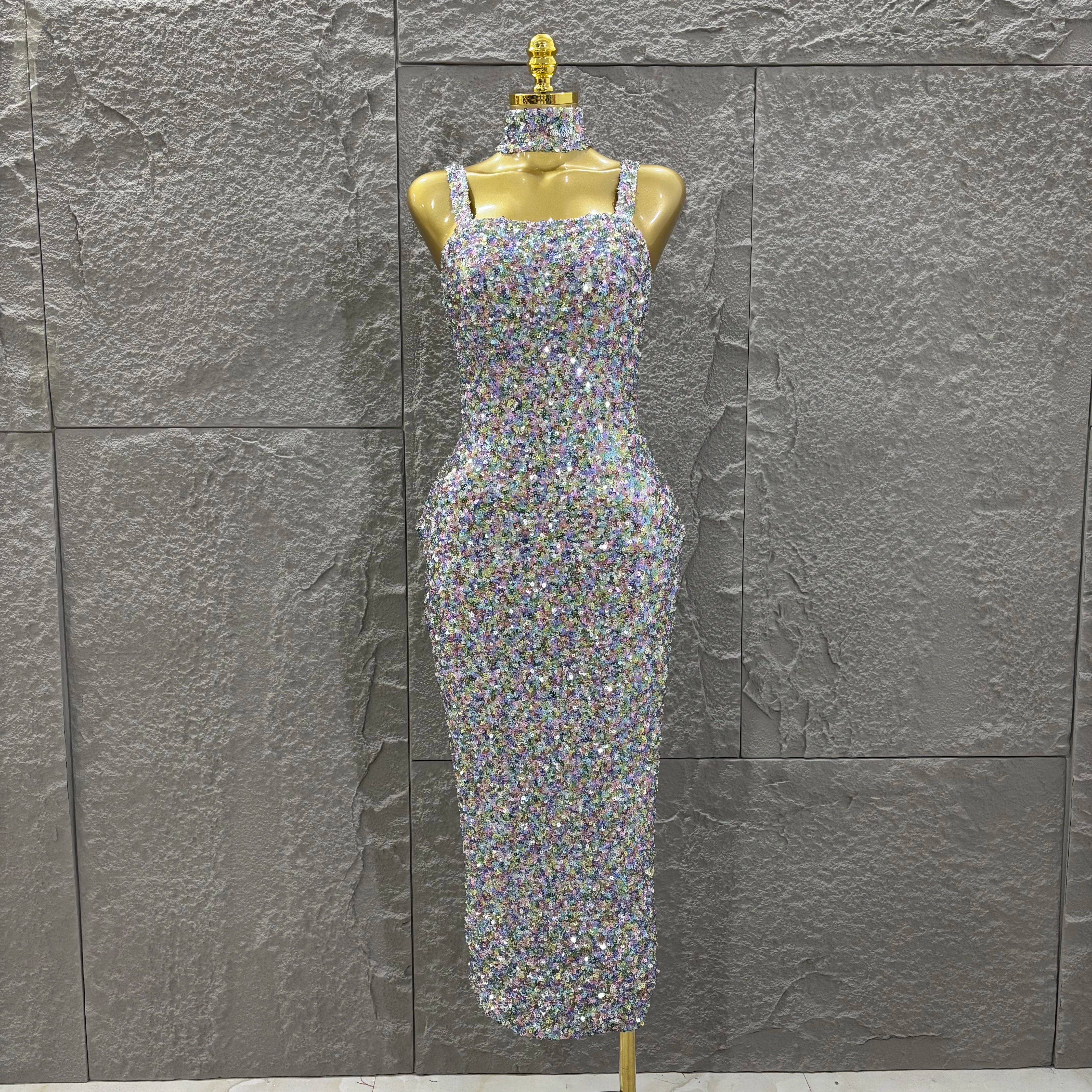 Colorful Sequins Women Sexy Strapless Bodycon Long Dress Necklace Celebrate Evening Party Nightclub Party Bar Singer Outfit MULTI