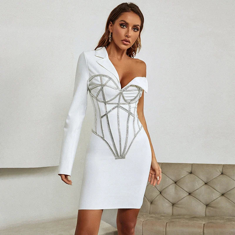 Women Long Sleeve One Shoulder Sexy Bodycon Bandage Mini Dress Fashion Elegant Evening Party Celebrate Dress WHITE