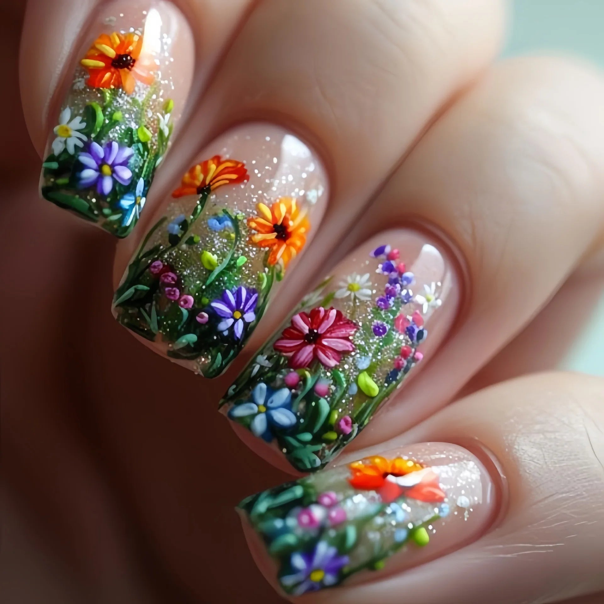 24Pcs Mid-length Ballet Fake Nail Full Cover Yellow Cute Bee Design Art with Glue Wearable French Colorful Flowers Manicure Tips 6