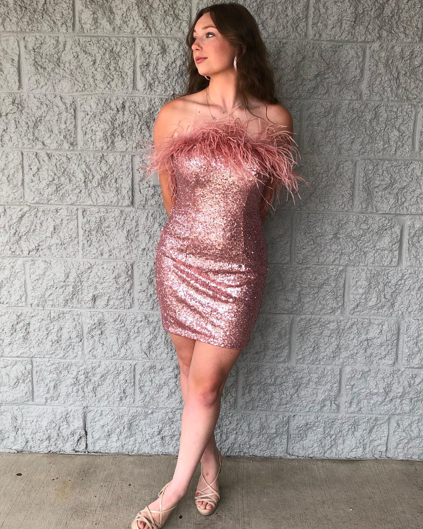 Sequin Mini Hoco Dress 2024 NYE Feather Strapless Short Lady Formal Homecoming Party Gown Club Night Cocktail Prom Gala RoseGold Rose Gold
