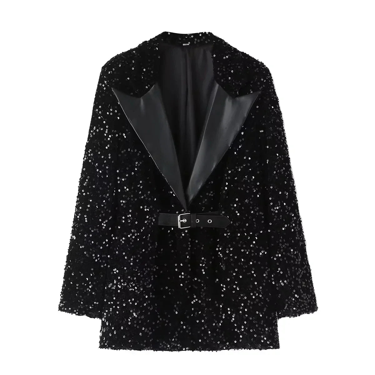 TRAF 2023 Autumn New Fashion Women Shiny Double-breasted Sequins Suit Jacket Female Coat Black Slim Fit Blazers with Belt As picture