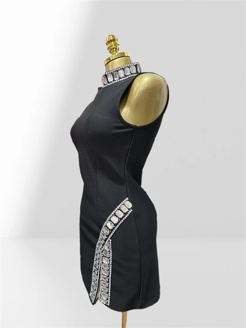 New Summer Super shining Diamonds O-neck Sleeveless Bandage Mini Dress Fashion Woman Birthday Party Dress Music Festival Outfit