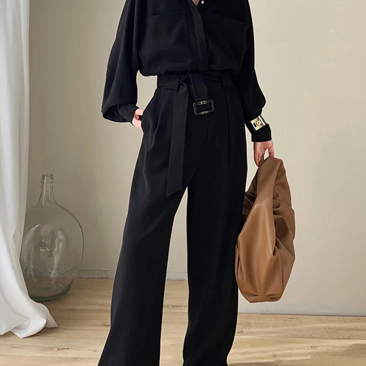 Lautaro Spring Autumn Beige Long Soft Flowy Stretchy Jumpsuit Women with Belt Black One Piece Shirt Jumpsuits for Women 2025 Black
