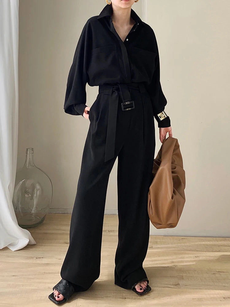 Lautaro Spring Autumn Beige Long Soft Flowy Stretchy Jumpsuit Women with Belt Black One Piece Shirt Jumpsuits for Women 2025 Black